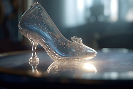 Crystal glass slider. Transparent women's shoe with heel. Generative AI illustrationの素材