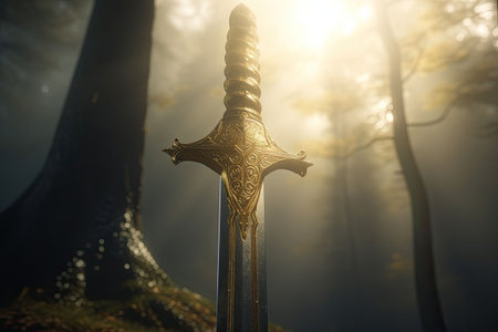 magic sword. Medieval sword of legend, magic and power. Generative AI illustrationの素材