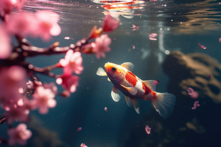 Koi fish swimming in a pond under a blossoming cherry tree in spring. Cherry blossoms land in a lake. Generative AI illustrationの素材
