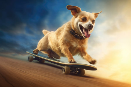 Dog riding very fast with speed a skateboard as skater. Generative AI illustrationの素材
