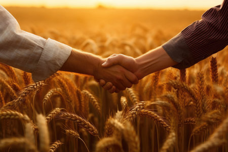 Farmer handshake with partner on the wheat corp, close up. Generative AI illustrationの素材