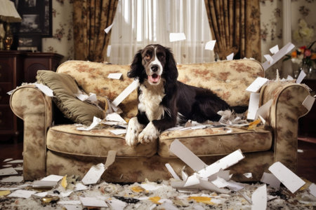 Dog destroying cushions on sofa. Naughty playful dog after biting a pillow. Generative AI illustrationの素材