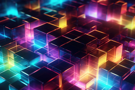 Cubes with neon glow on dark science technology background. Abstract background with cubes in space. Generative AI illustrationの素材