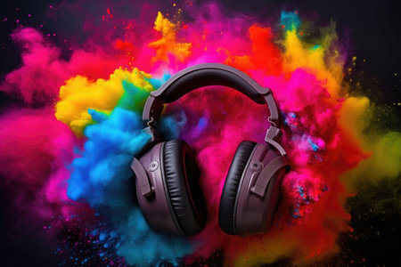 Headphone and vivid color powder on black background. Generative AI illustrationの素材