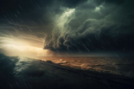 Huge cloudy windy storm. Stormy sky with dramatic clouds from an approaching thunderstorm. Generative AI illustrationの素材