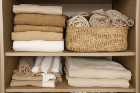 Bed linens closet arrangement on shelves. Minimalist comfortable storage. Sustainable life concept, zero waste concept. Generative AI illustrationの素材
