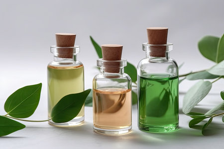Cosmetic serum in a glass bottles with green leaves on light background. Generative AI illustrationの素材