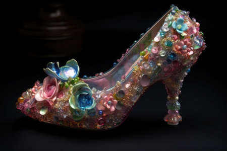 Womens high heeled slipper. Cinderellas slipper made crystal glass and diamonds. Generative AI illustrationの素材