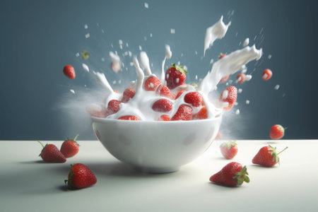 Splash of tasty yogurt and fresh strawberries on dark background. Generative AI illustrationの素材