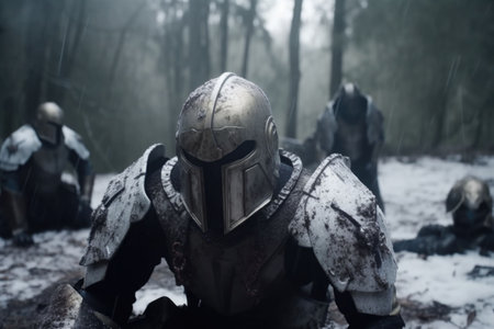 Warrior in the metal armor in the snow with his comrades around him. Fantasy warrior knights in winter snowy landscape. Generative AI illustrationの素材