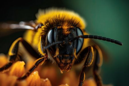 The bee with the pollen on its head and legs. A striking macro shot. Generative AI illustrationの素材