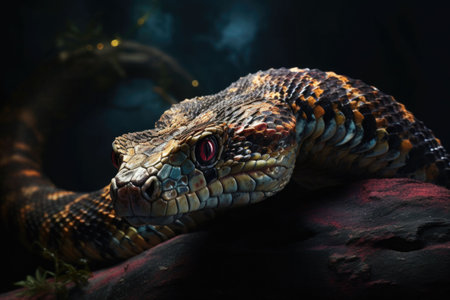 Ancient reptile with red eyes. Dangerous poisonous exotic snake. Generative AI illustrationの素材