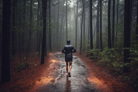 Man runner in sports jacket run forest trail in the rain, back view. Generative AI illustrationの素材