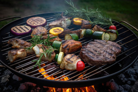 Assorted delicious grilled meat with vegetables on barbecue grill with smoke and flames in green grass. Generative AI illustrationの素材