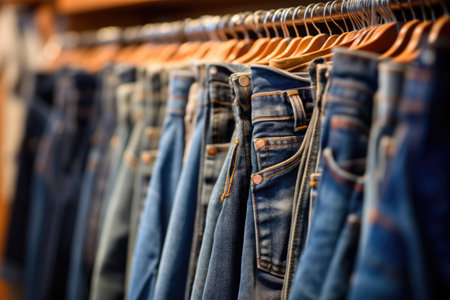Row of pants denim jeans hanging in closet. Jeans store in a shopping center. Denim sales. Generative AI illustrationの素材