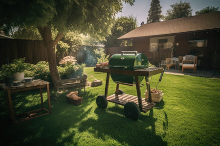 Outdoor dining table and barbeque grill in the back yard of a house. Generative AI illustrationの素材