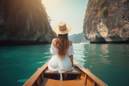 Tourist woman in white summer dress relaxing on boat at the beautiful islands, back view. Generative AI illustrationの素材