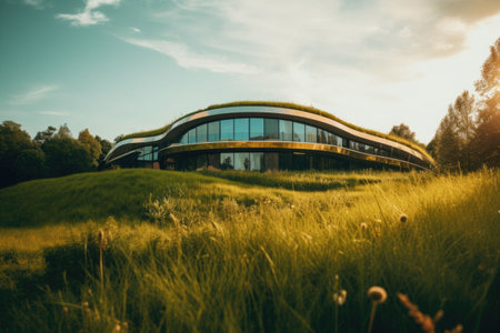 Modern grassy architecture. Building in a park with a grassy elements. An ecological village concept. Generative AI illustrationの素材