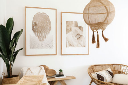 Frames in home interior. Room in boho style with natural wooden furniture and plants. Generative AI illustrationの素材