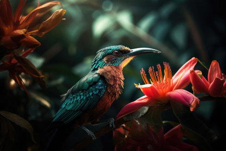 Colored tropical bird and beautiful surreal flowers. Generative AI illustrationの素材