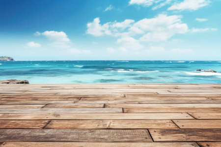 Wooden texture with blue sea and bright sky in summer background. Generative AI illustrationの素材