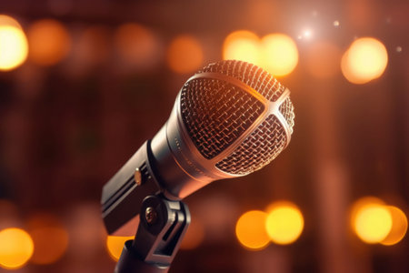 Microphone for singer music background with spot lighting. Concept public speaking on stage with mic. Generative AI illustrationの素材