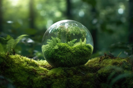 Crystal ball with plants on moss in forest environmental. Earth day concept. Generative AI illustrationの素材