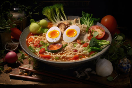 Ramen noodles with egg and pork in bowl. Japanese cuisine. Top view. Generative AI illustrationの素材