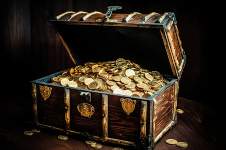 Old open pirate treasure chest full of golden coins. Generative AI illustrationの素材