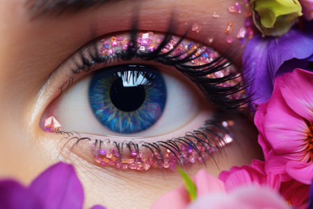 High fashion eye makeup with flowers. Beautiful holiday makeup close up. Generative AI illustrationの素材