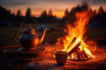 Vintage coffee pot on camping fire. Evening atmospheric background of campfire. Generative AI illustrationの素材