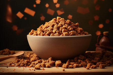 Dry dog food in bowl on wooden background. Generative AI illustrationの素材