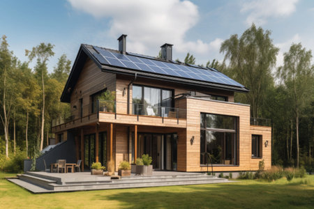 Solar panels on a gable roof. Beautiful, large modern house and solar energy. Generative AI illustrationの素材