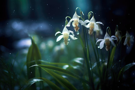 Spectral white wild orchids shimmer in darkness. Generative AI illustrationの素材