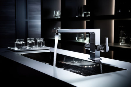Water faucet made of stainless steel. Modern bathroom. Generative AI illustrationの素材