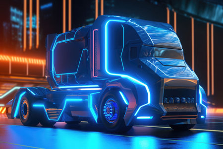Electric truck in a futuristic environment. Truck with neon lights. Generative AI illustrationの素材