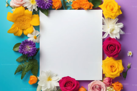Colorful flowers background with white sheet of paper. Frame in flowers. Mockup. Generative AI illustrationの素材