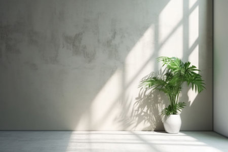 Minimalist interior design with shadows and sunlight. Composition of plants in stylish pot in white living room. Generative AI illustrationの素材