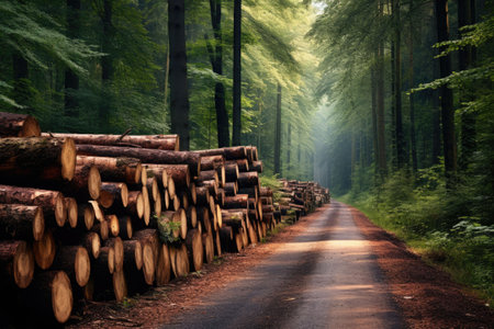 Log trunks pile, the logging timber wood industry. Cut trees along a road prepared for removal. Generative AI illustrationの素材