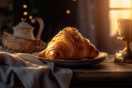 Croissant in soft golden light with elegant presentation with napkin on background. Generative AI illustrationの素材