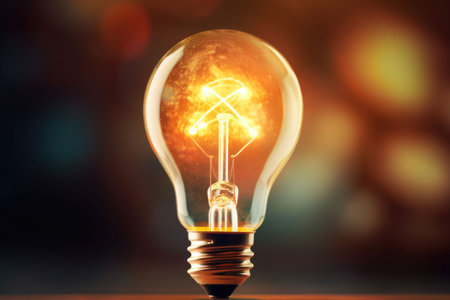 Glowing yellow light bulb. Bright light bulb illustrating the idea. Generative AI illustrationの素材