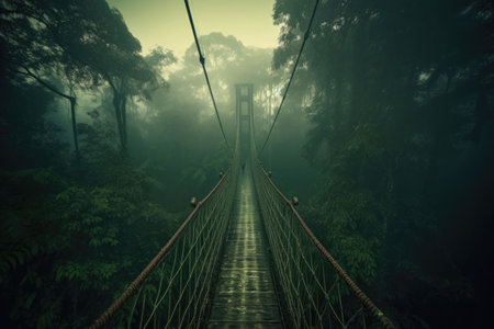 A suspension bridge in the foggy jungle. Generative AI illustrationの素材