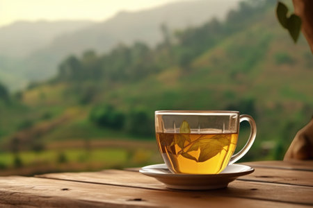 Tea cup with on the wooden table and the tea plantation on blurred background. Generative AI illustrationの素材