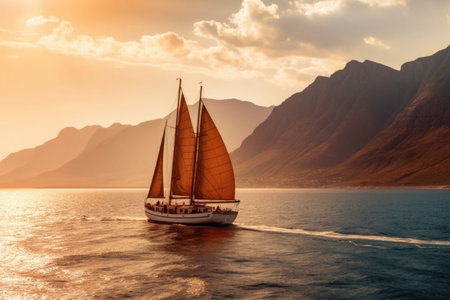 Sailboat in the sea in the evening sunlight over beautiful big mountains background. Generative AI illustrationの素材