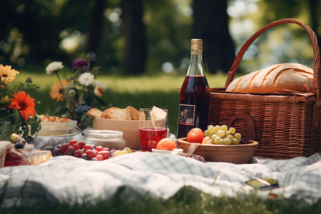 Close up of food, drinks and picnic basket on blanket on grass at summer park. Generative AI illustrationの素材