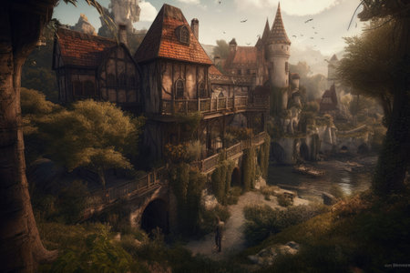 Medieval street in the fantasy town architecture. Dirty stony ground. Generative AI illustrationの素材