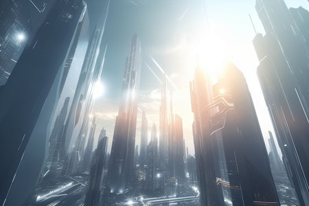 The city of the future. Modern futuristic glowing city with tall skyscrapers and modern technology. Generative AI illustrationの素材