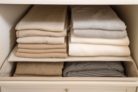 Bed linens closet arrangement on shelves. Minimalist comfortable storage. Sustainable life concept, zero waste concept. Generative AI illustrationの素材