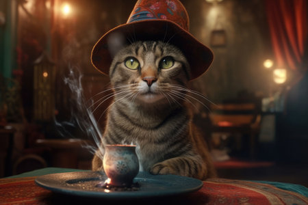 A fortune teller cat with a with tarot cards and candle. Generative AI illustrationの素材