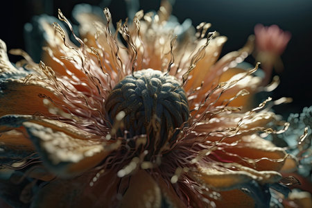 Surrealistic flowers on the alien planet with water drops. Magical morning blooming scene. Dreamy fantasy botanical background. Generative AI illustrationの素材